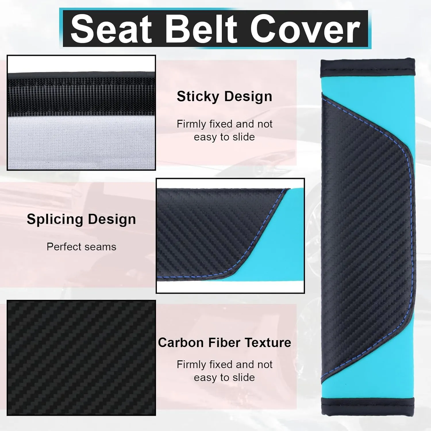 2 PCS Car Seat Belt Cover Pad, Carbon Fiber Safety Seatbelt Shoulder Strap Covers, Breathable Leather Light Blue Car Seat Covers, Interior Car Accessories for Car Truck (Black&Blue