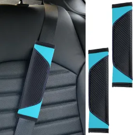 2 PCS Car Seat Belt Cover Pad, Carbon Fiber Safety Seatbelt Shoulder Strap Covers, Breathable Leather Light Blue Car Seat Covers, Interior Car Accessories for Car Truck (Black&Blue