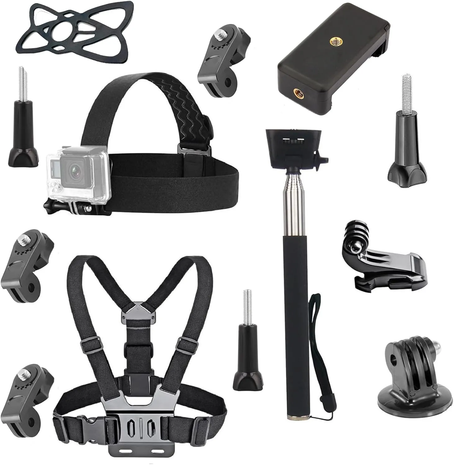4 in 1 Universal Action Camera Accessories Kit Head Strap Mount/Chest Harness/Selfie Stick/Phone Holder Compatible with Gopro Hero 12 11 10 9 8/Insta360 One Camera/Mobile Phones