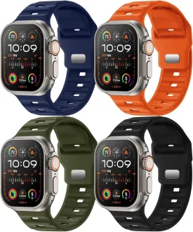 4-Pack Sport Bands Compatible with Apple Watch Ultra 2/Ultra Band 49mm 46mm 45mm 44mm 42mm for Men, Waterproof Silicone Strap Soft Breathable Wristband for iWatch Serise 10 9 8 7 6 5 4 3 SE