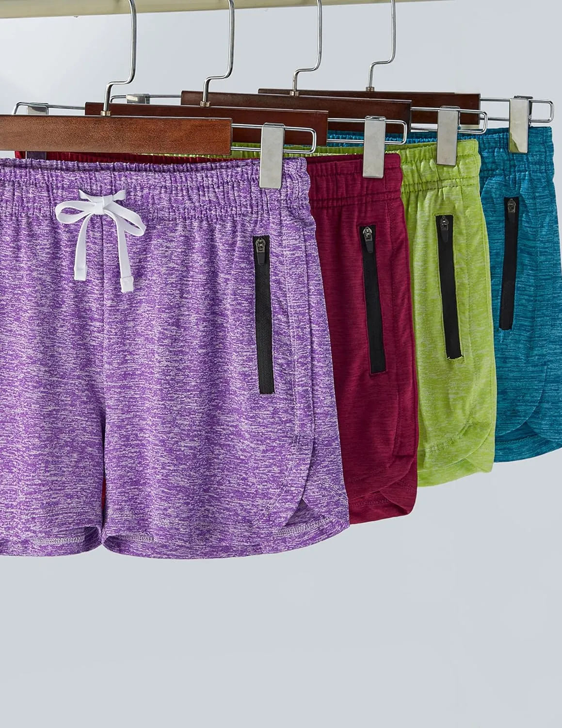 4 Pack Youth Girls Athletic Shorts 3", Girls Soccer Shorts, Kids Workout Gym Clothes Activewear Apparel with Zipper Pockets
