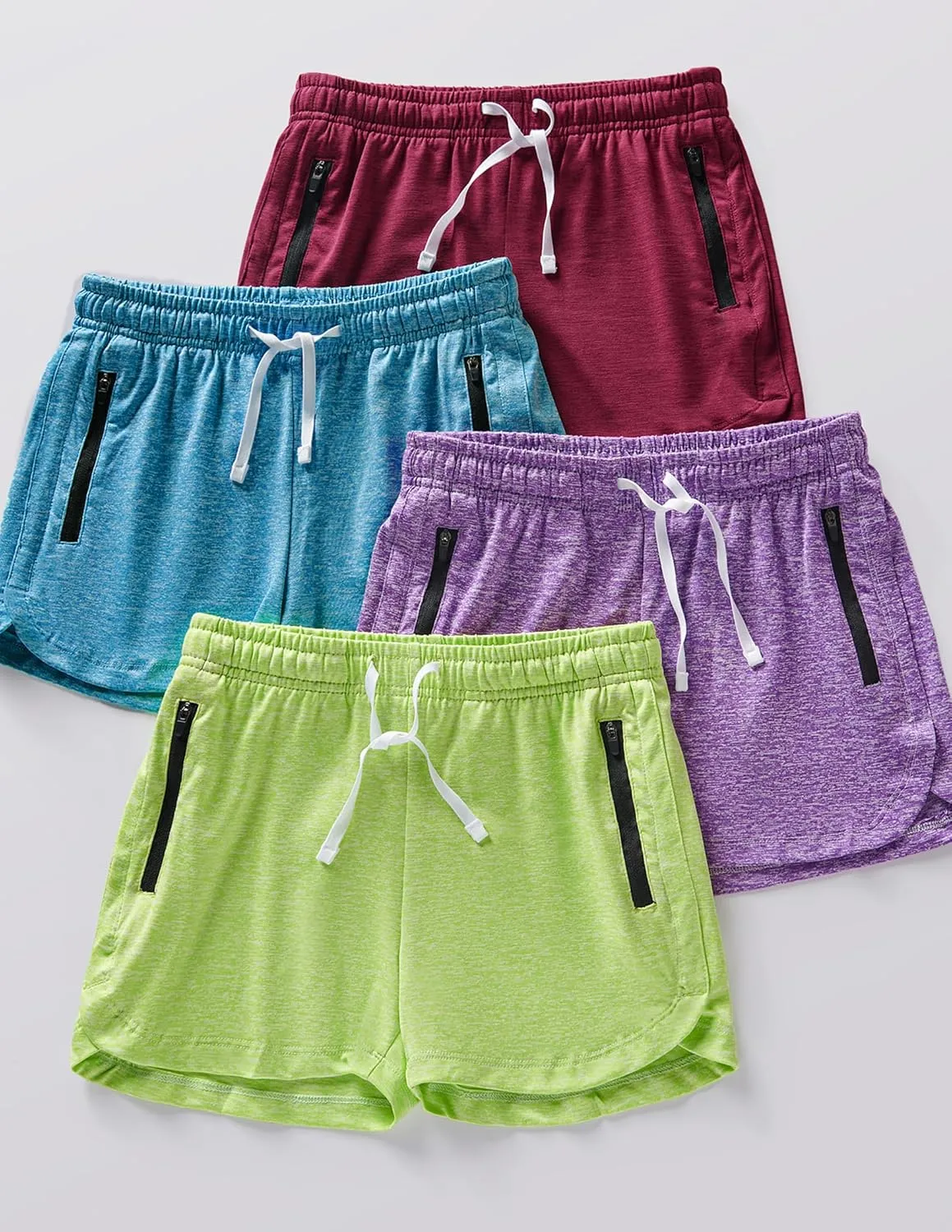 4 Pack Youth Girls Athletic Shorts 3", Girls Soccer Shorts, Kids Workout Gym Clothes Activewear Apparel with Zipper Pockets