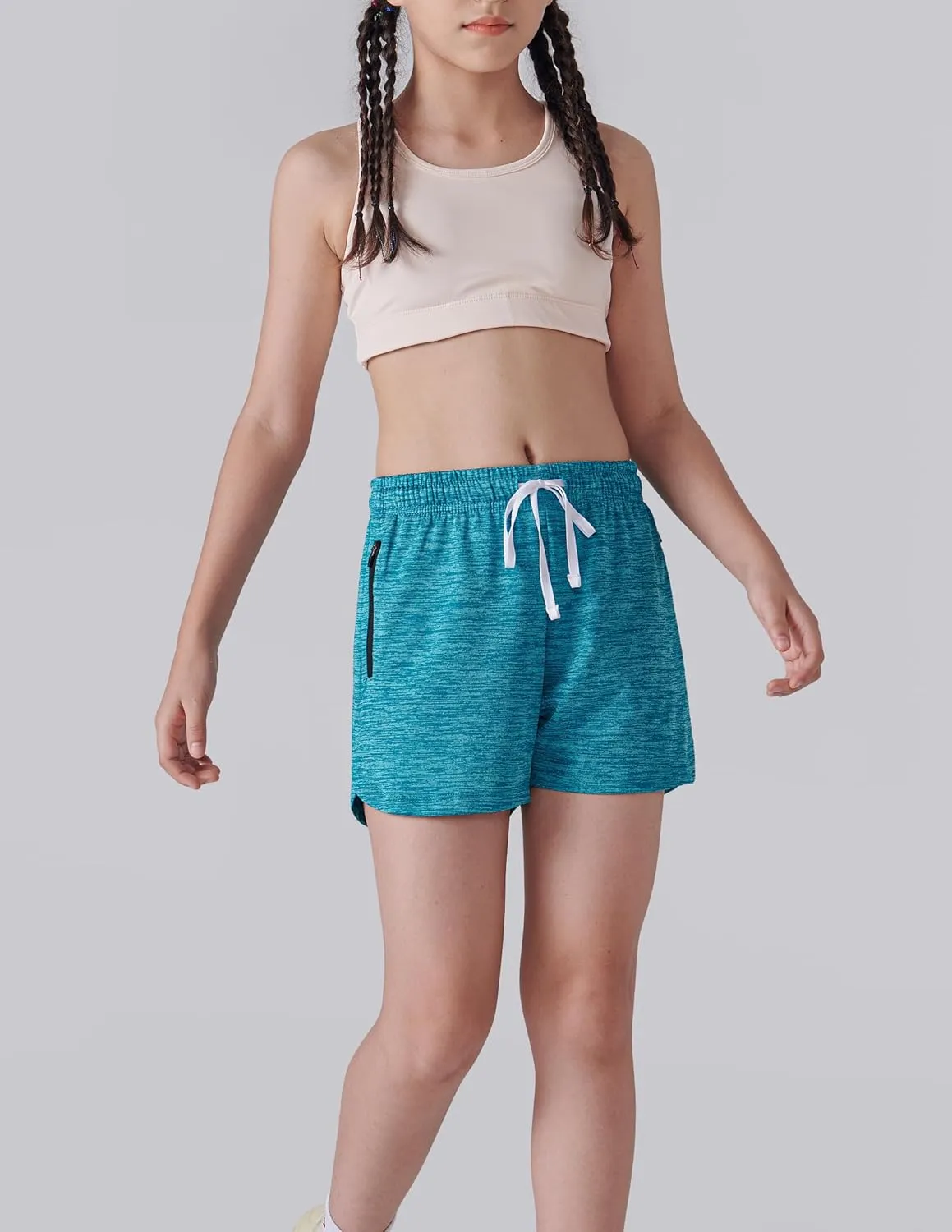 4 Pack Youth Girls Athletic Shorts 3", Girls Soccer Shorts, Kids Workout Gym Clothes Activewear Apparel with Zipper Pockets