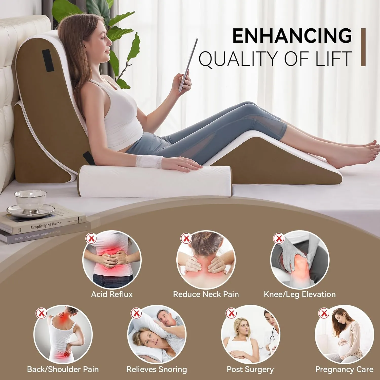 4PCS Orthopedic Bed Wedge Pillow Set for Sleeping, Post Surgery Foam Support Pillow for Back, Neck, Leg Pain Relief and Acid Reflux, Comfortable Adjustable Sitting Back Pillow Brown