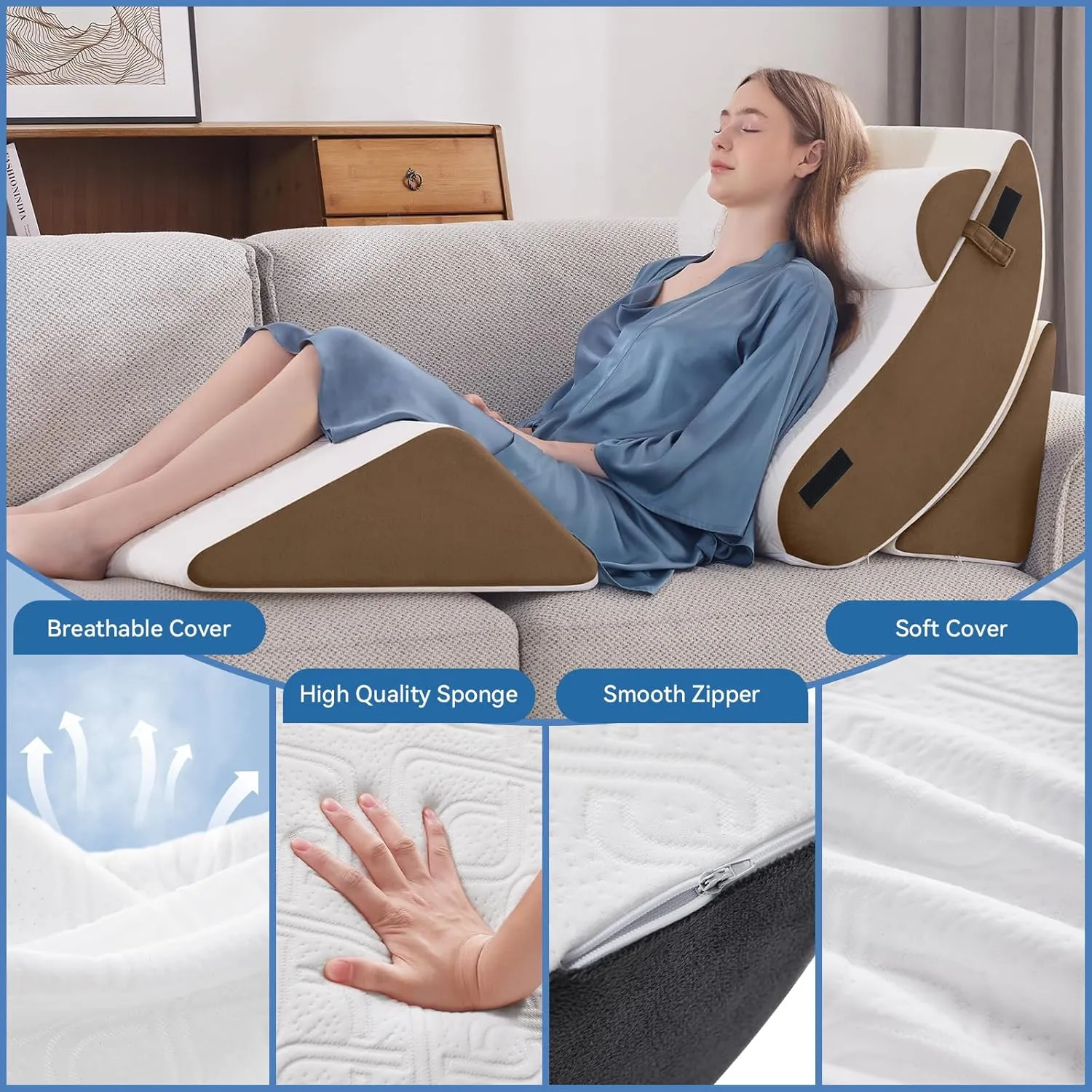 4PCS Orthopedic Bed Wedge Pillow Set for Sleeping, Post Surgery Foam Support Pillow for Back, Neck, Leg Pain Relief and Acid Reflux, Comfortable Adjustable Sitting Back Pillow Brown