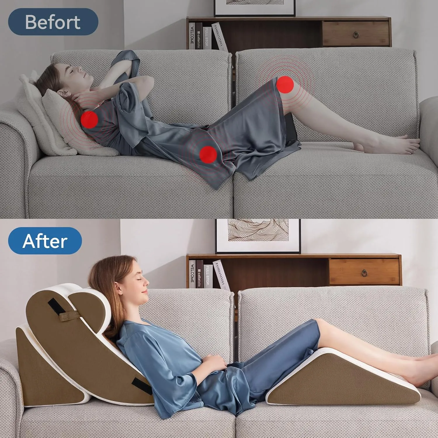 4PCS Orthopedic Bed Wedge Pillow Set for Sleeping, Post Surgery Foam Support Pillow for Back, Neck, Leg Pain Relief and Acid Reflux, Comfortable Adjustable Sitting Back Pillow Brown
