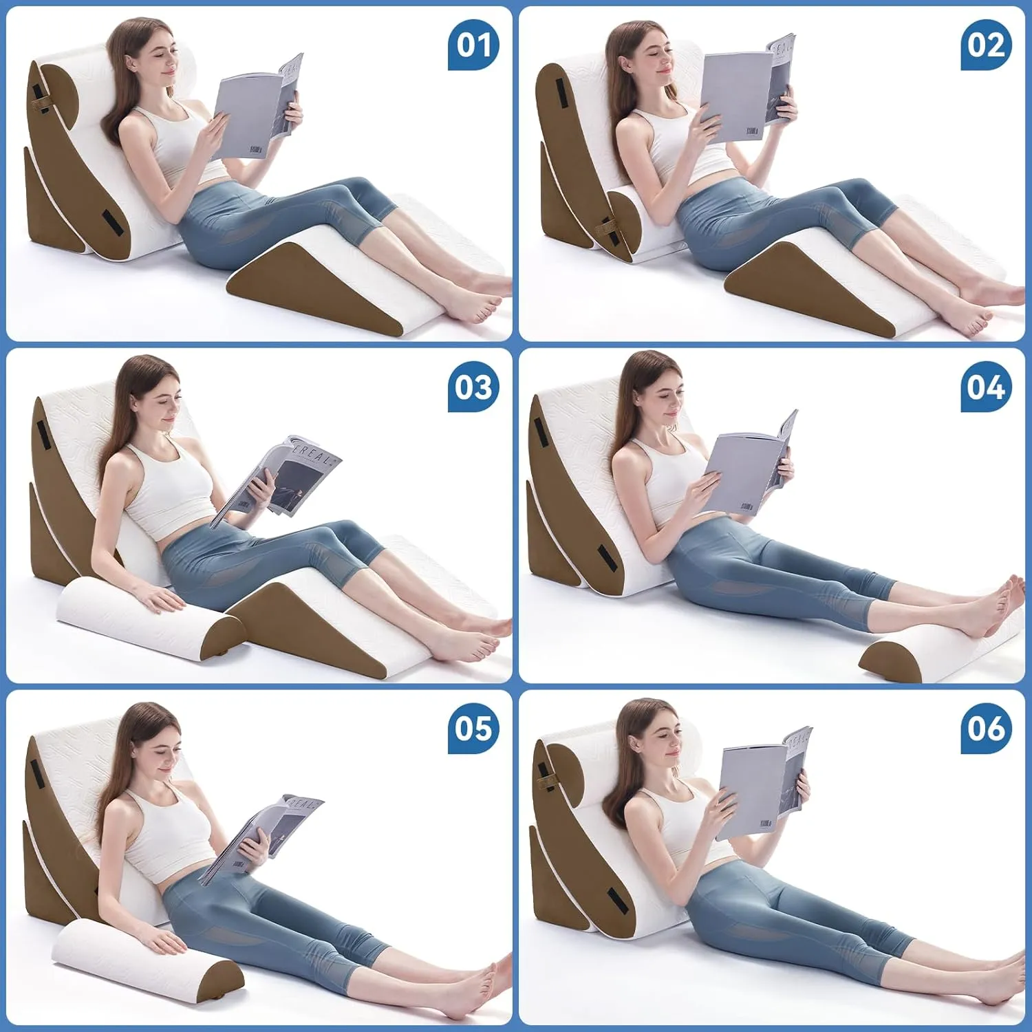 4PCS Orthopedic Bed Wedge Pillow Set for Sleeping, Post Surgery Foam Support Pillow for Back, Neck, Leg Pain Relief and Acid Reflux, Comfortable Adjustable Sitting Back Pillow Brown