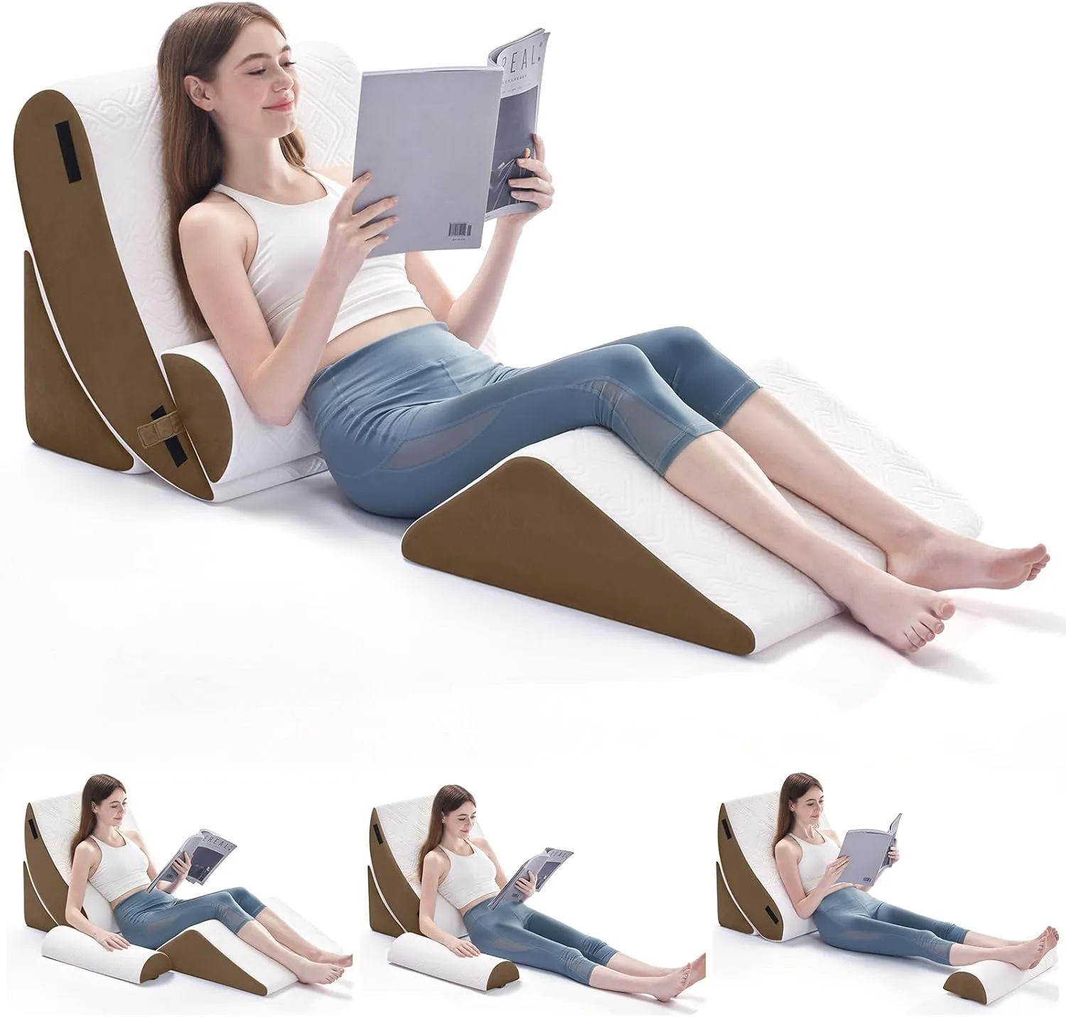 4PCS Orthopedic Bed Wedge Pillow Set for Sleeping, Post Surgery Foam Support Pillow for Back, Neck, Leg Pain Relief and Acid Reflux, Comfortable Adjustable Sitting Back Pillow Brown