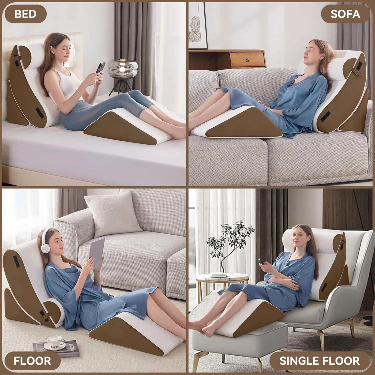 4PCS Orthopedic Bed Wedge Pillow Set for Sleeping, Post Surgery Foam Support Pillow for Back, Neck, Leg Pain Relief and Acid Reflux, Comfortable Adjustable Sitting Back Pillow Brown