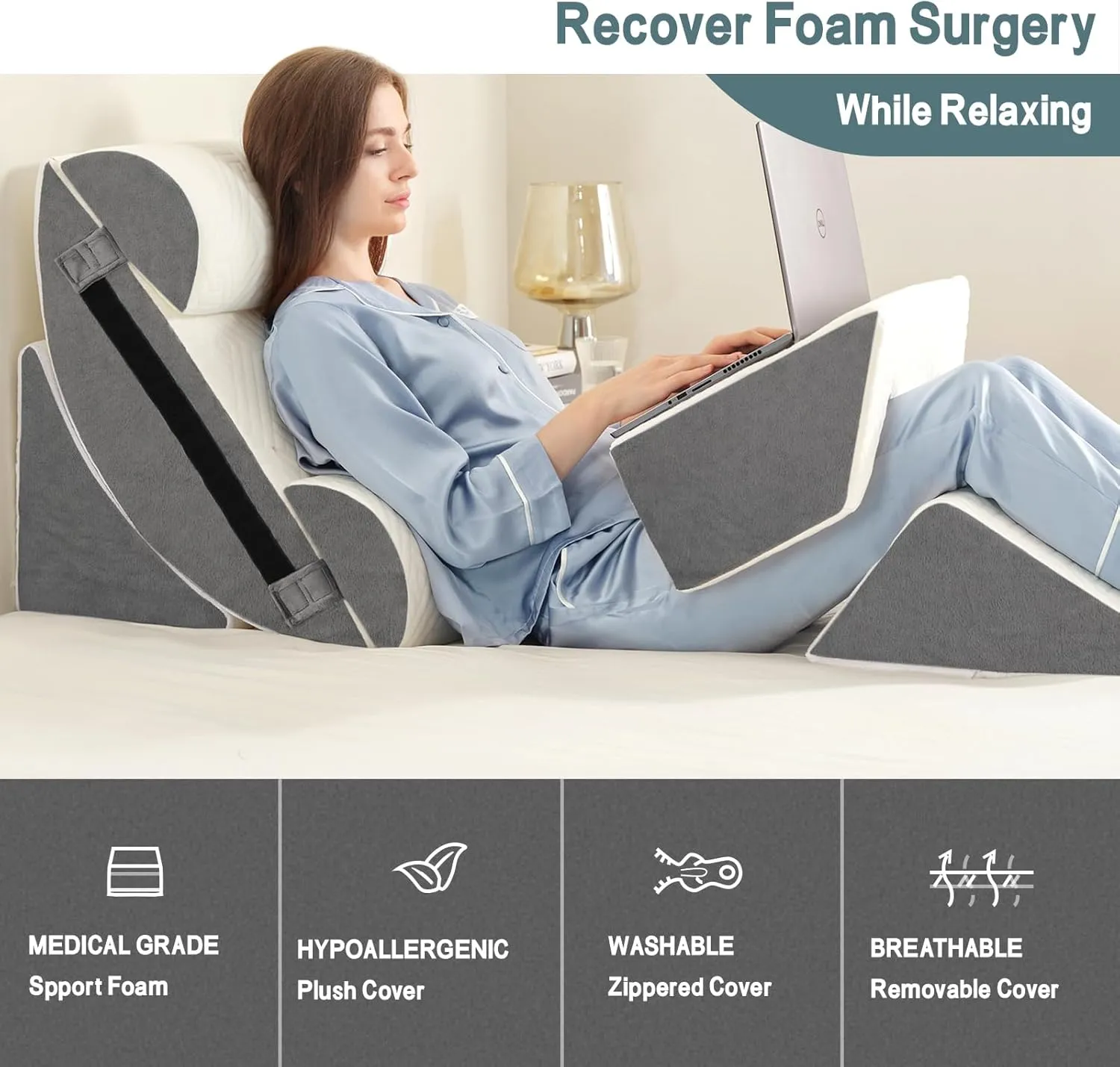 6pcs Orthopedic Bed Wedge Pillow Set for Sleeping, Post Surgery Foam for Body, Back and Leg Pain Relief Comfortable & Adjustable Support Pillows-Anti Snoring, Heartburn, Acid Reflux & GERD Sleeping