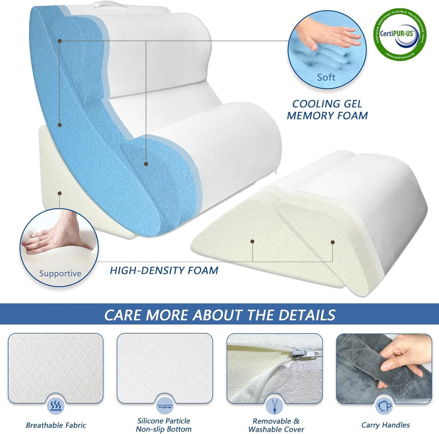 6PCS XL Orthopedic Bed Wedge Pillow for Sleeping, Gel Memory Foam Post Surgery Pillow Set for Back, Neck, Leg Support, Acid Reflux, Gerd, Anti Snoring, with Washable Cover & Travel Bag (White, 24'' W)