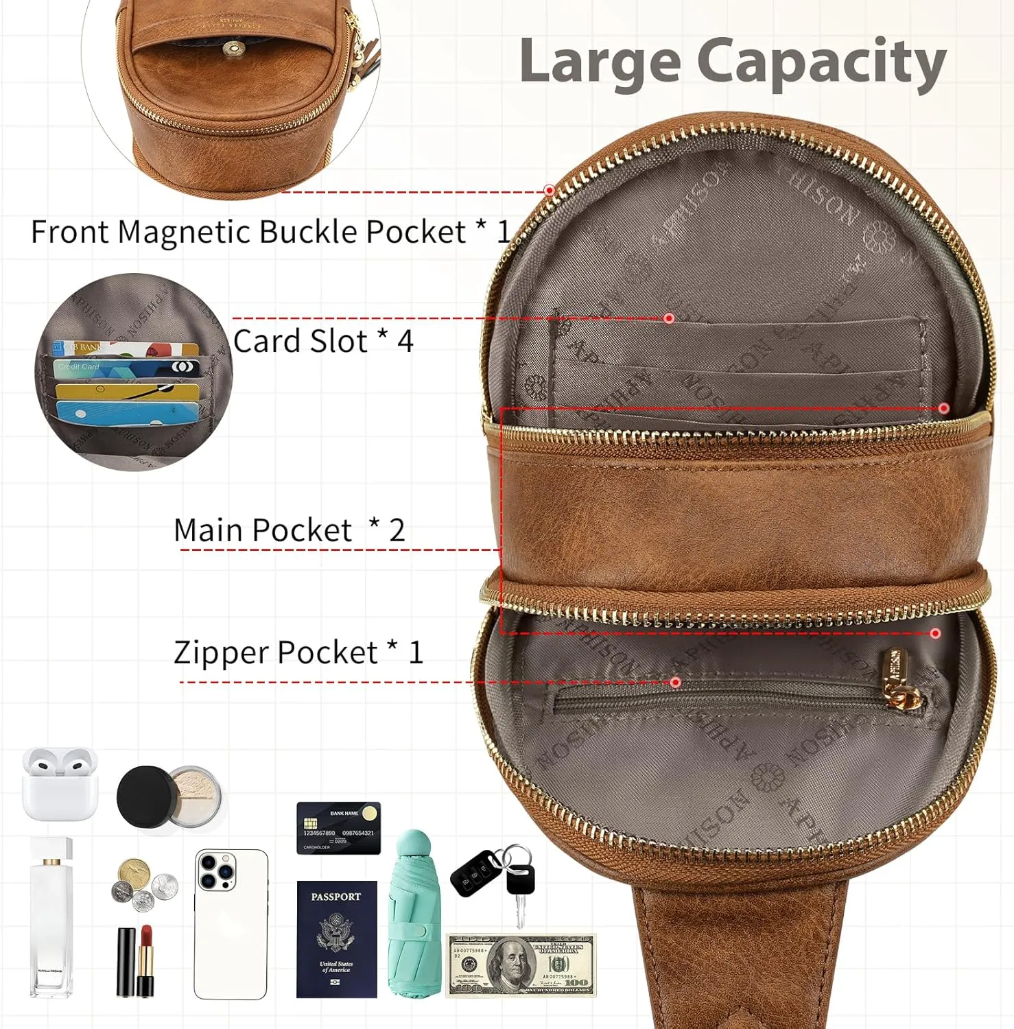 APHISON Small Sling Bag Fanny Packs Cell Phone Purse Vegan Leather Crossbody Bags for Women Chest Bag with Adjustable Strap BROWN