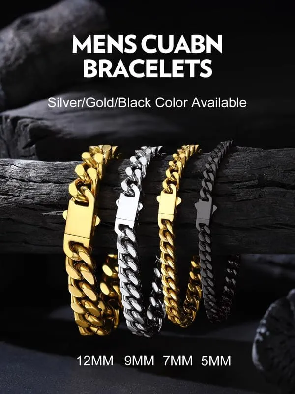 Bandmax Mens Stainless Steel Chain Necklaces 5/7/9/12 MM Chunky Miami Cuban Link Chain Necklace Bracelet Silver/Gold/Black Chains for Men 18"-30"