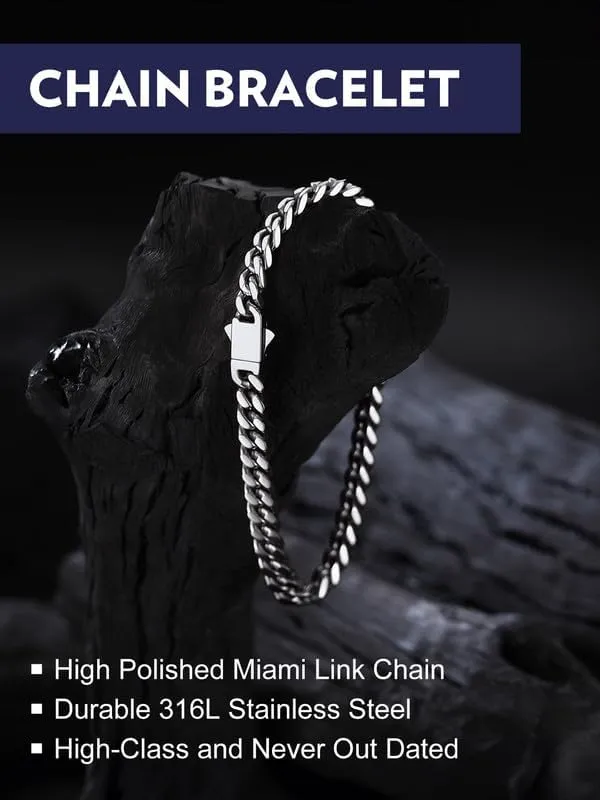 Bandmax Mens Stainless Steel Chain Necklaces 5/7/9/12 MM Chunky Miami Cuban Link Chain Necklace Bracelet Silver/Gold/Black Chains for Men 18"-30"