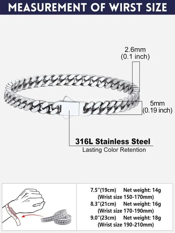 Bandmax Mens Stainless Steel Chain Necklaces 5/7/9/12 MM Chunky Miami Cuban Link Chain Necklace Bracelet Silver/Gold/Black Chains for Men 18"-30"