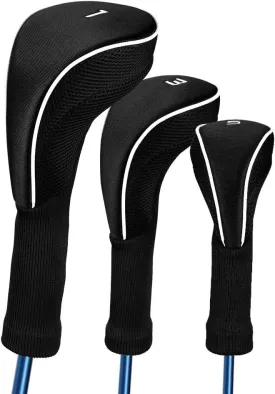 Black Golf Club Head Cover for Driver Fairway 3 Pcs Woods Headcovers, Golf Accessories Hybrid Head Covers Set with Interchangeable Tags 3 4 5 7 X