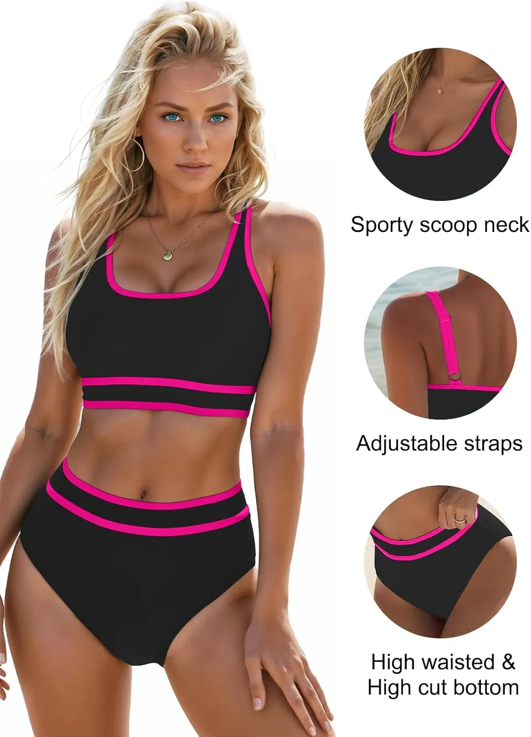 Blooming Jelly Womens High Waist Bikini Sets Sporty Color Block Two Piece Swimsuits Scoop Neck Cheeky Bathing Suits