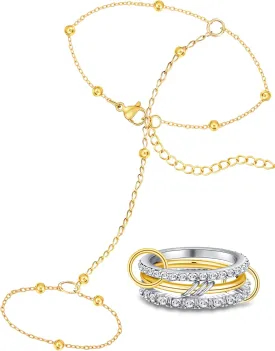 BOMAIL Gold Hand Chain Bracelet and Ring Set for Women 14K Gold Plated Trendy Finger Ring Link Bracelet Minimalist Stackable Hand Chain and CZ Finger Rings Set Jewelry for Women