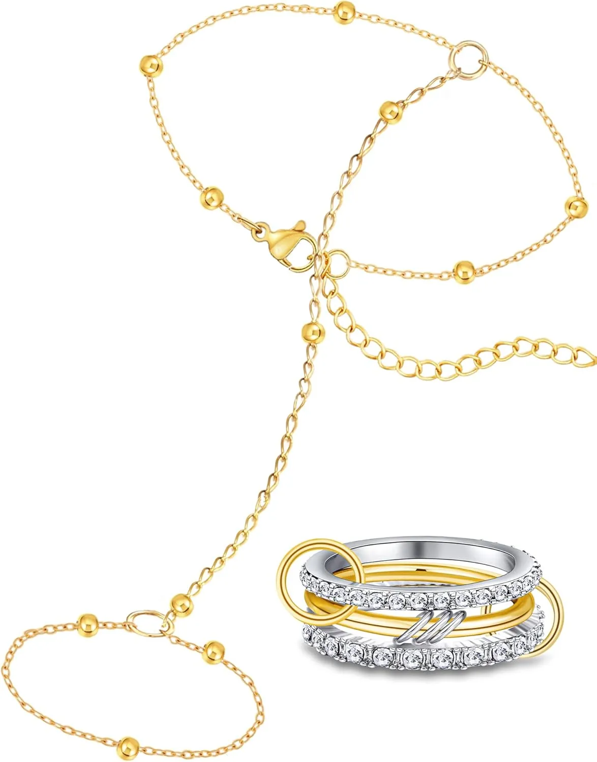 BOMAIL Gold Hand Chain Bracelet and Ring Set for Women 14K Gold Plated Trendy Finger Ring Link Bracelet Minimalist Stackable Hand Chain and CZ Finger Rings Set Jewelry for Women
