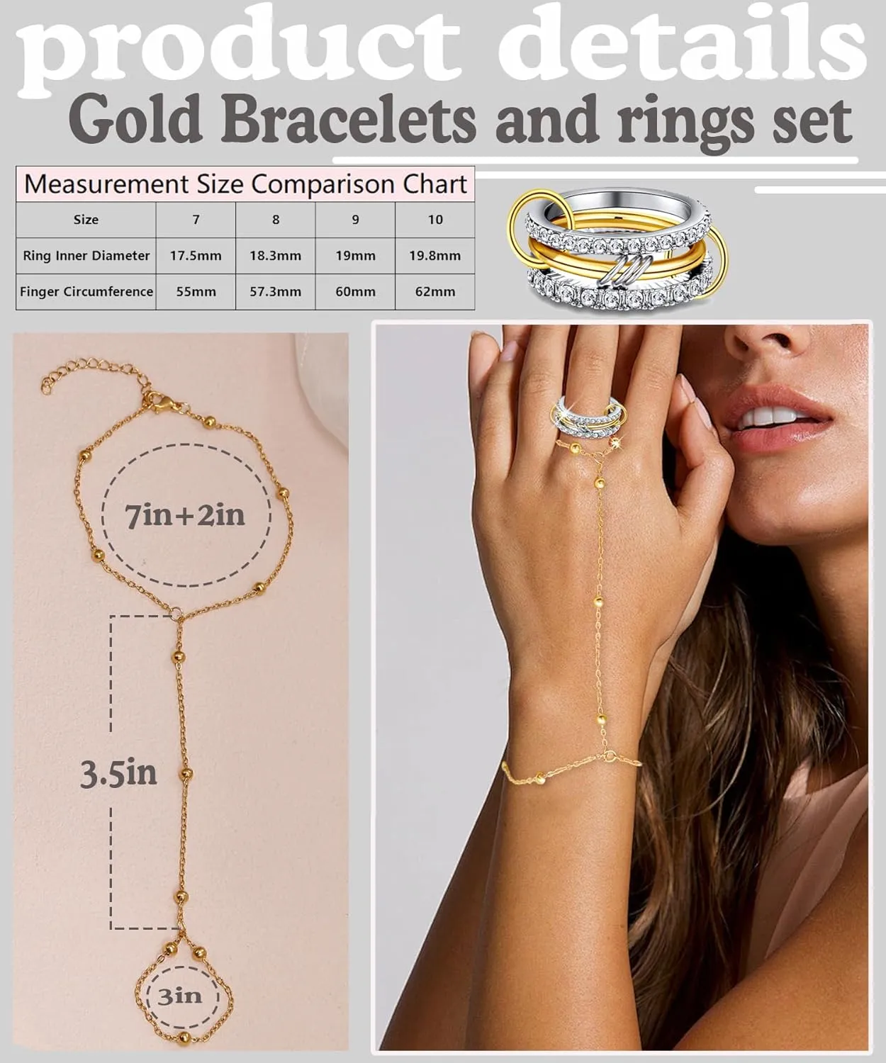 BOMAIL Gold Hand Chain Bracelet and Ring Set for Women 14K Gold Plated Trendy Finger Ring Link Bracelet Minimalist Stackable Hand Chain and CZ Finger Rings Set Jewelry for Women