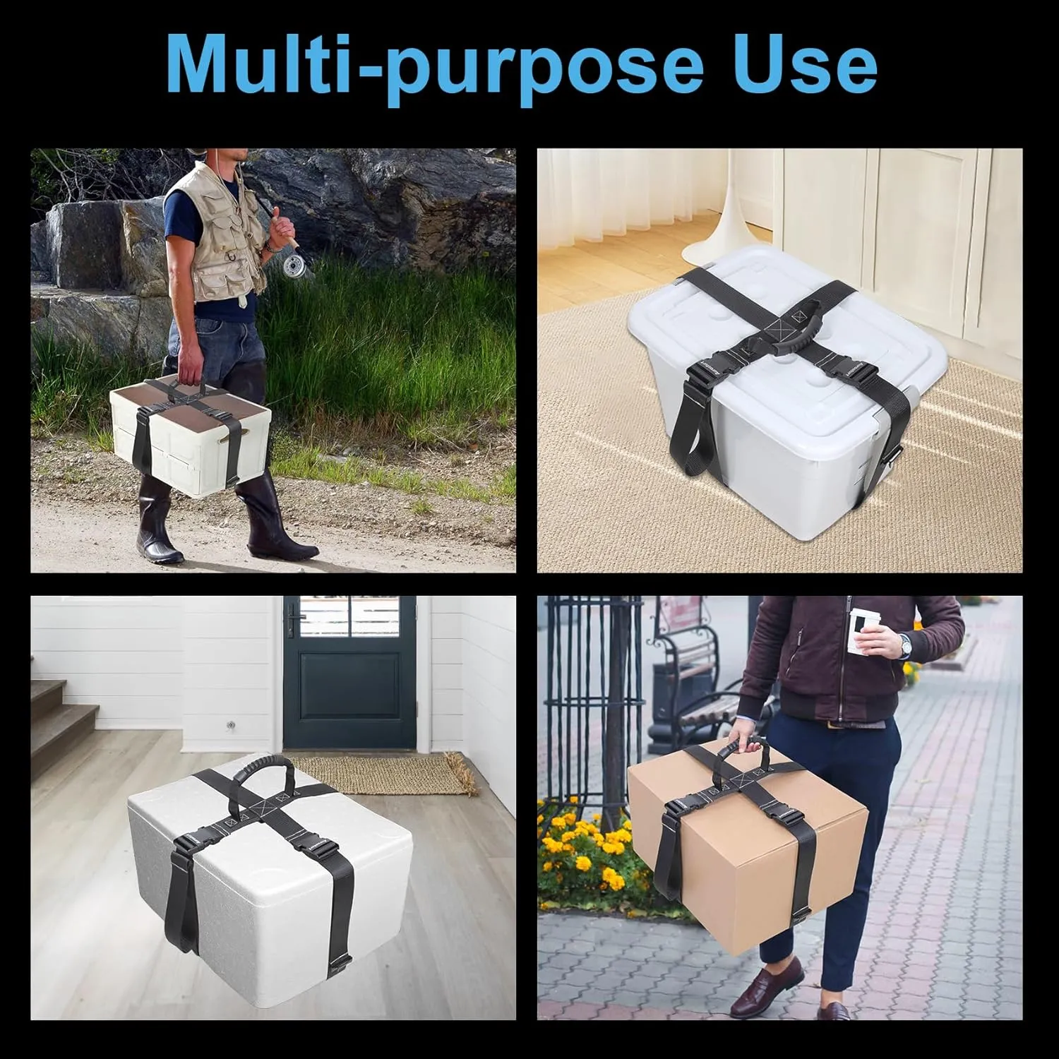 Box Carrying Strap with Handle 74.8 Inch Adjustable Straps for Battery Box Handheld Belt Carry Straps for Safely Moving and Lifting Heavy Boxes (Black, 74.8 Inch)