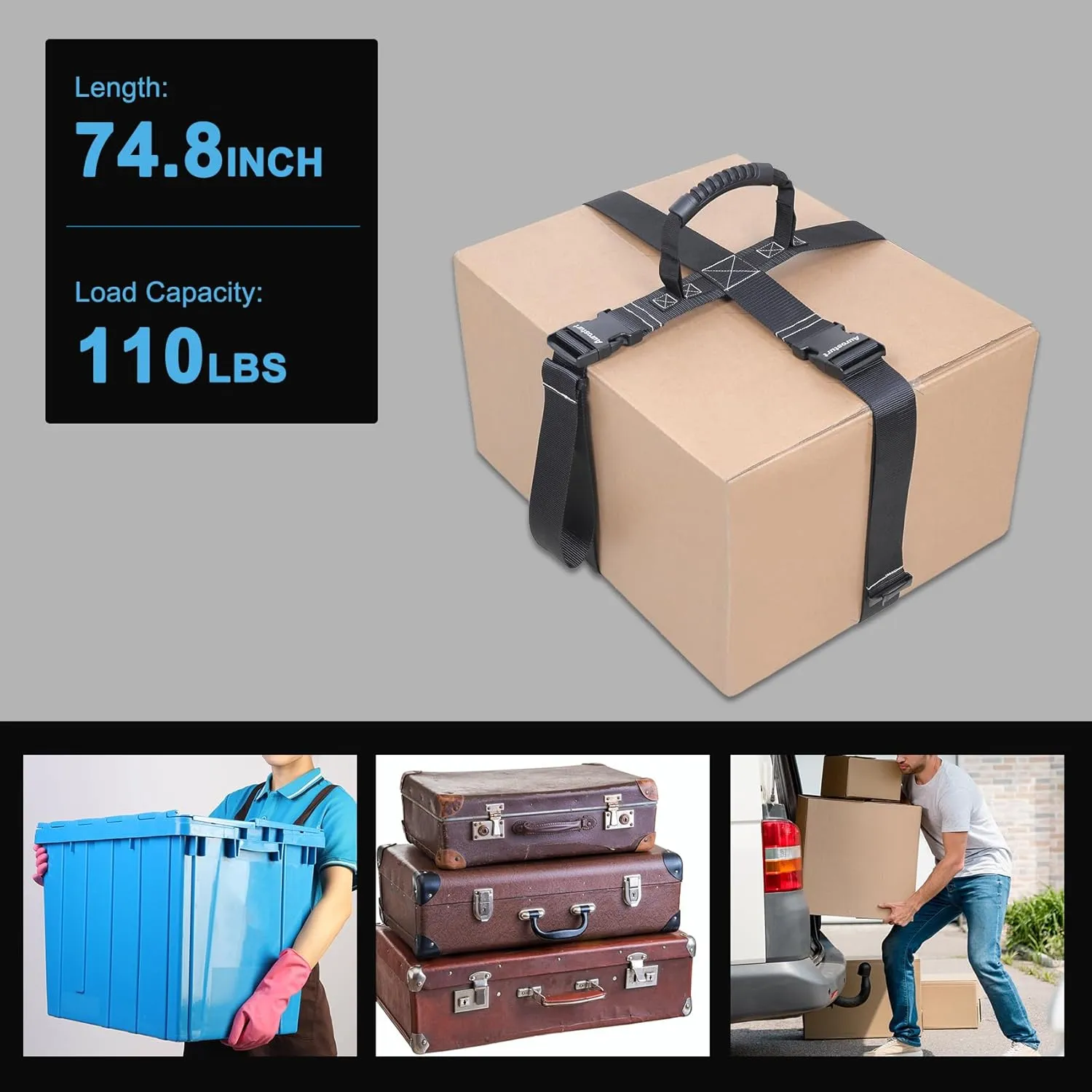Box Carrying Strap with Handle 74.8 Inch Adjustable Straps for Battery Box Handheld Belt Carry Straps for Safely Moving and Lifting Heavy Boxes (Black, 74.8 Inch)