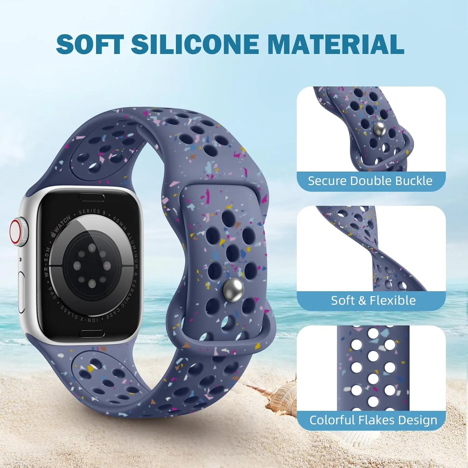 Breathable Sport Band Compatible with Apple Watch Band 38mm 40mm 41mm 42mm 44mm 45mm 46mm 49mm, Soft Eco-Friendly Silicone Band for iWatch Series 10/9/8/7/6/5/4/3/2/1 SE Ultra
