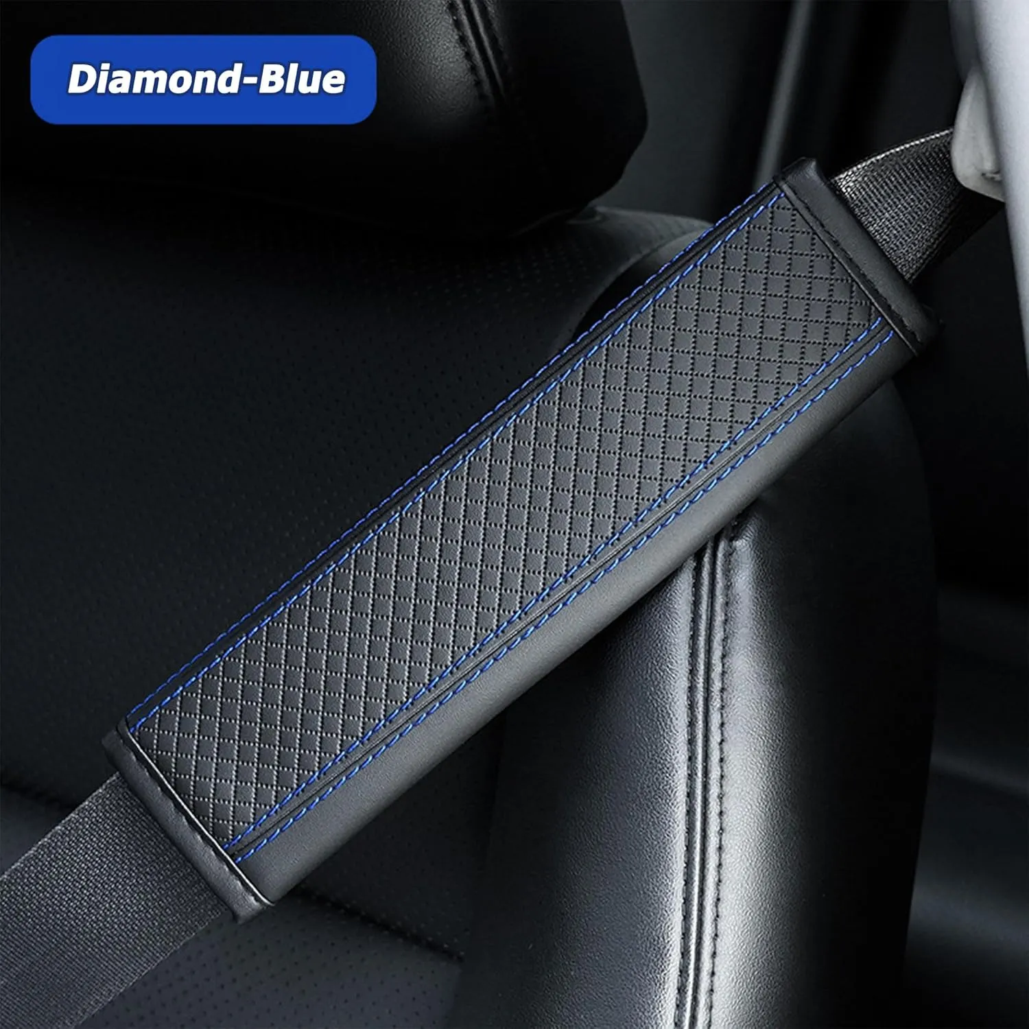 Car Seat Belt Cover Pads, Leather Seat Belt Cover, Universal Car Seat Belt Shoulder Strap Covers, Breathable Leather Soft Harness Pad Protect Your Neck and Shoulder, 2 PCS (Diamond-Blue)