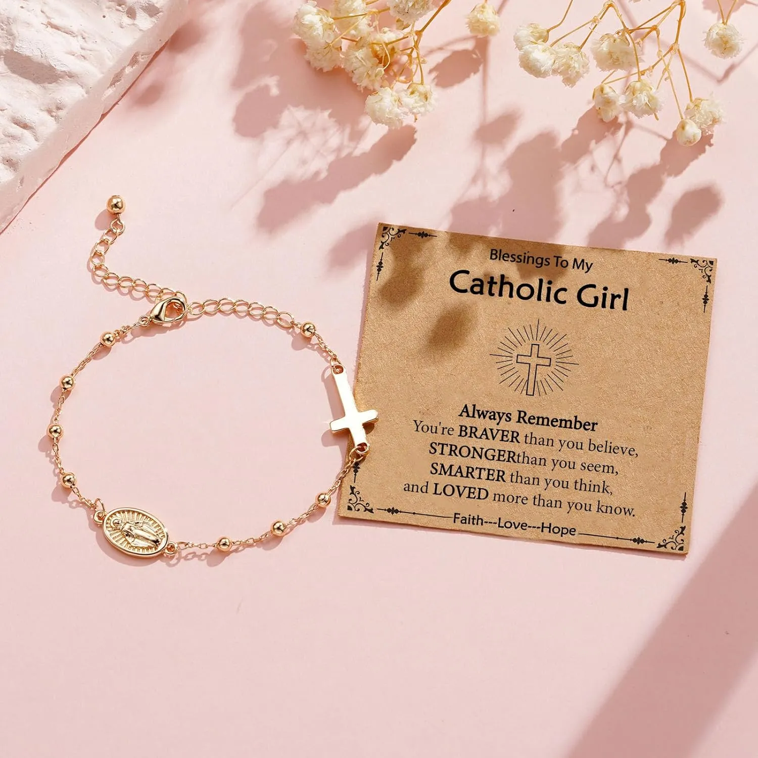 Catholic Virgin Mary Cross Bracelet Gifts for Girls Teens Women, Rosary Beads Charm Link Chain Bracelet Religious First communion Confirmation Baptism Jewelry Gifts