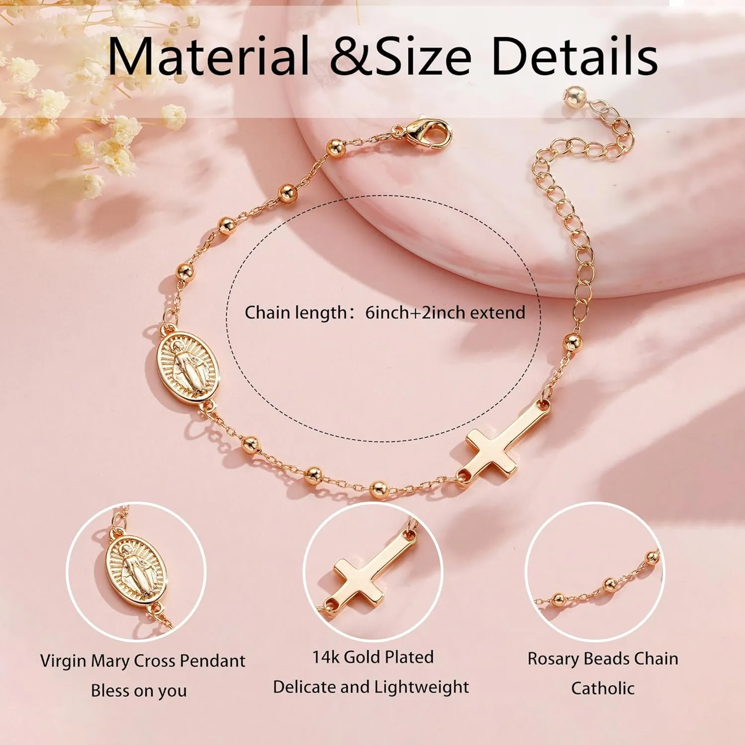 Catholic Virgin Mary Cross Bracelet Gifts for Girls Teens Women, Rosary Beads Charm Link Chain Bracelet Religious First communion Confirmation Baptism Jewelry Gifts