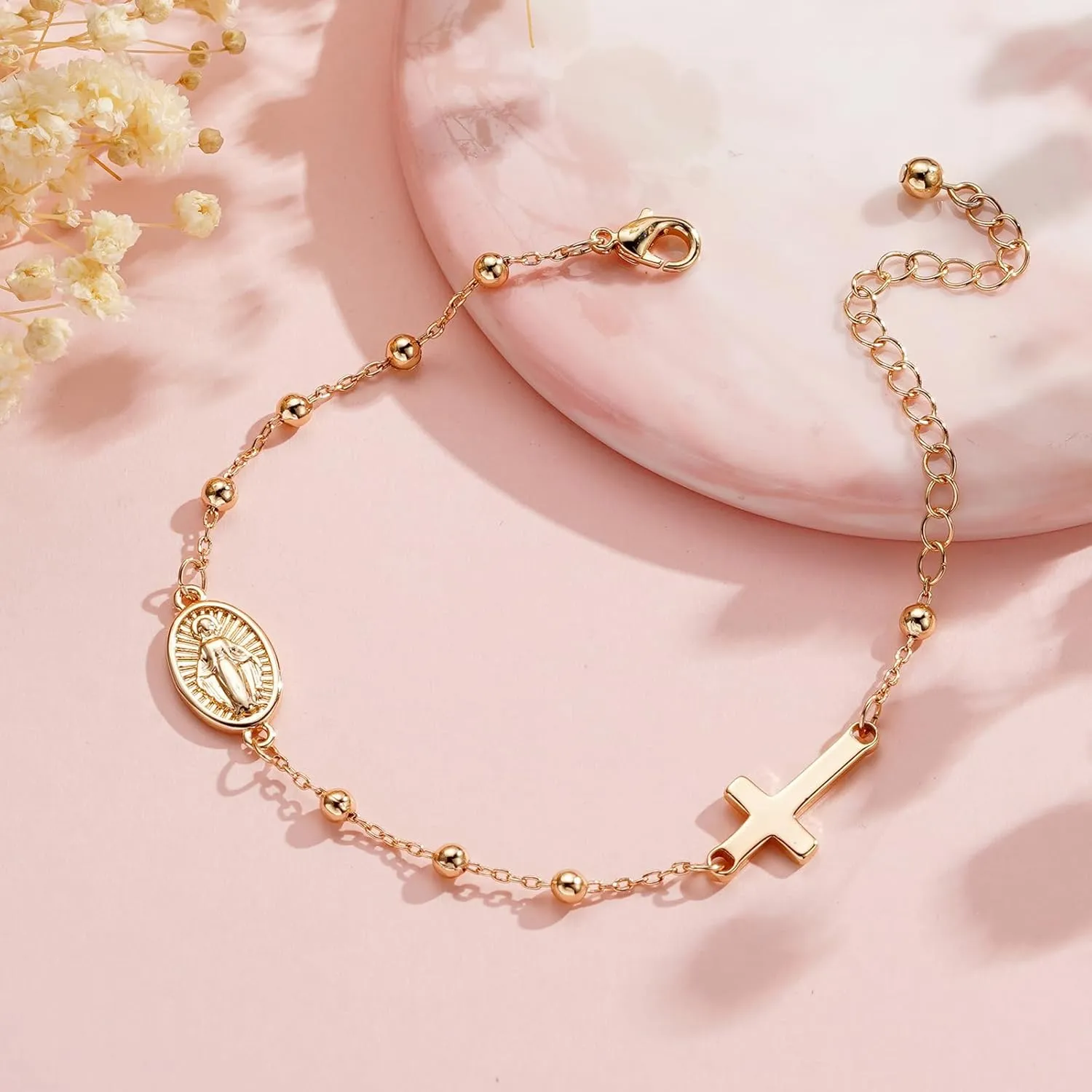Catholic Virgin Mary Cross Bracelet Gifts for Girls Teens Women, Rosary Beads Charm Link Chain Bracelet Religious First communion Confirmation Baptism Jewelry Gifts