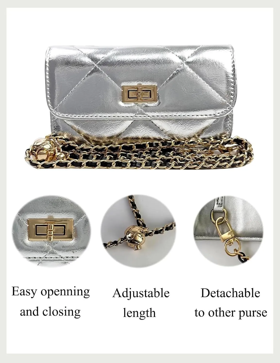 Chain Belt Bag Adjustable Crossbody Purse Trendy Fanny Packs for Women Fashion Silver Evening Clutch Handbag Detachable