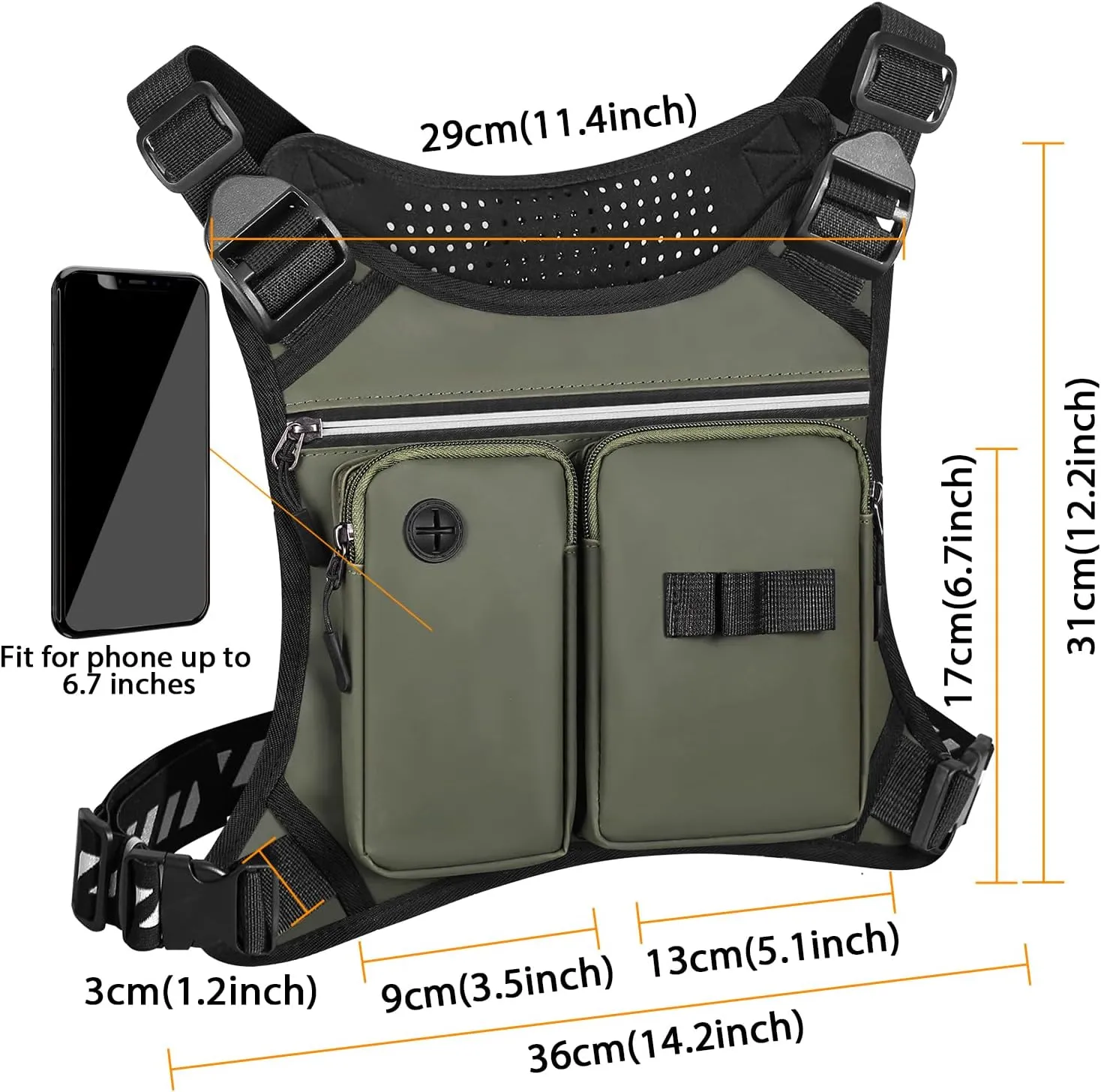 Chest Bag for Men, Waterproof Running Pack with Water Bottle & Phone Holder, Lightweight & Adjustable EDC Bag for Workouts, Running, Fishing, Cycling (Olive)