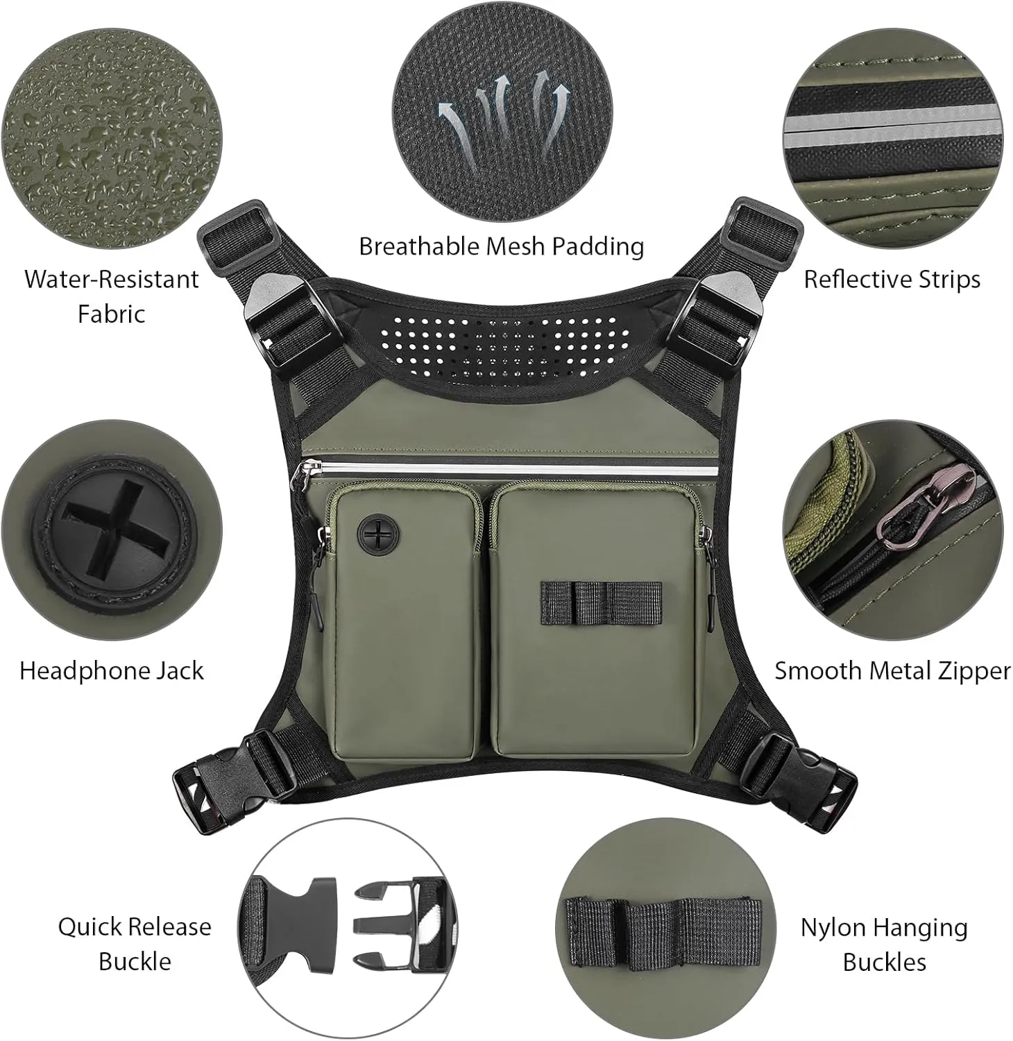 Chest Bag for Men, Waterproof Running Pack with Water Bottle & Phone Holder, Lightweight & Adjustable EDC Bag for Workouts, Running, Fishing, Cycling (Olive)