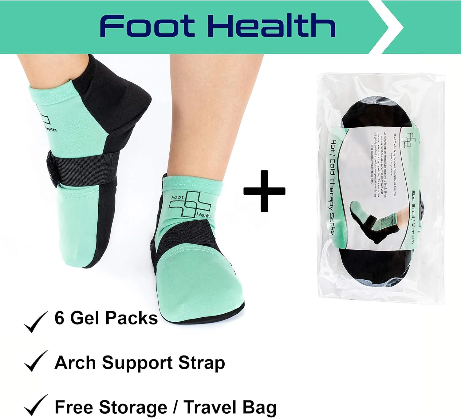 Cold/Hot Therapy Socks - 6 Gel Packs/Pair, Compression Strap Plantar Faciitis - Arch Support - Foot Pain Relief - Neuropathy - Achilles - Storage Bag For Woman/Man - Foot Health (Small/Medium)