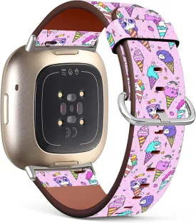 Compatible with Fitbit Versa 4 / Versa 3 / Sense 2 / Sense Patterned Leather Replacement Band (Unicorn Ice Cream Cone)