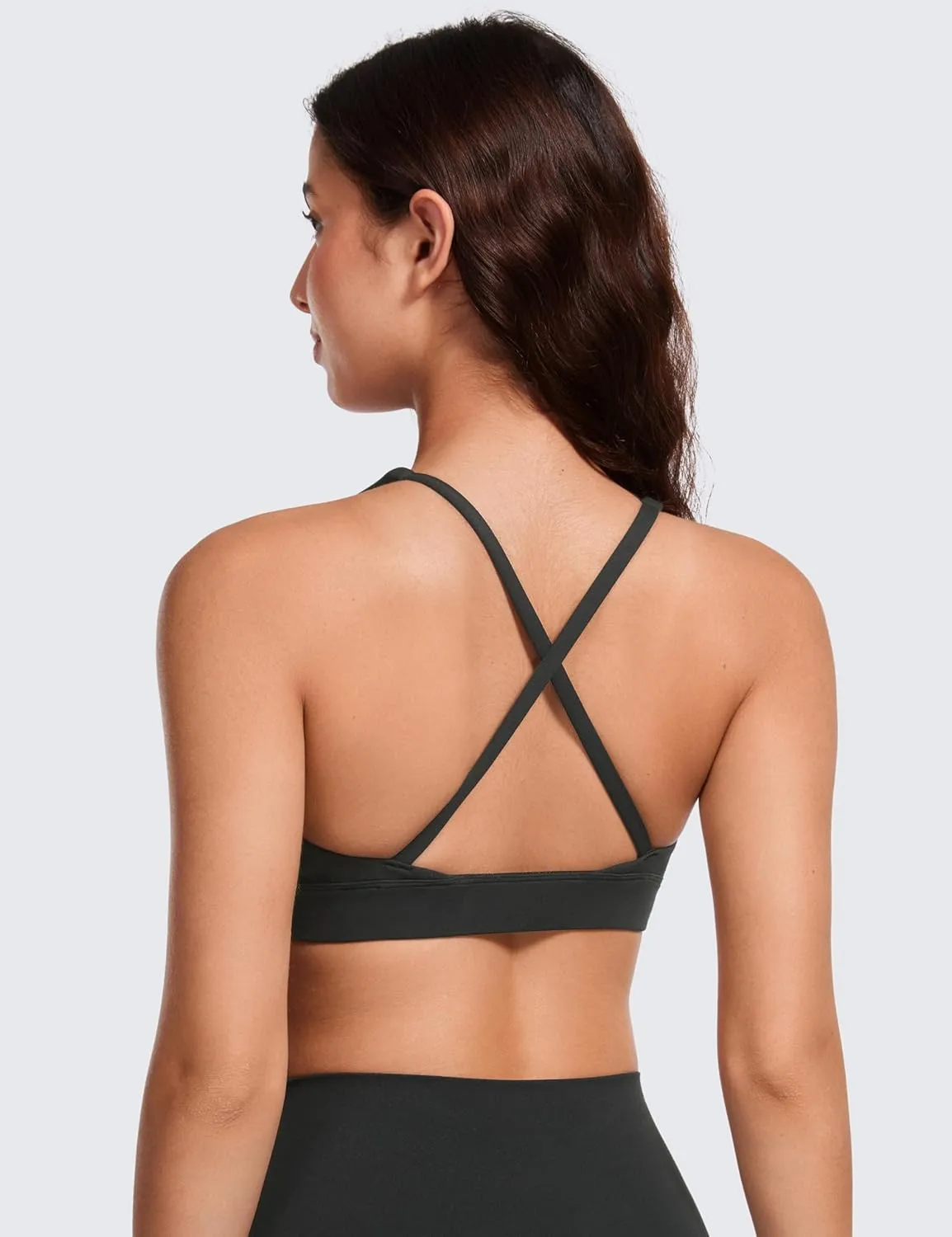 CRZ YOGA Butterluxe Deep V-Neck Sports Bras for Women - Spaghetti Strap Criss Cross Padded Top Low Coverage Wireless Yoga