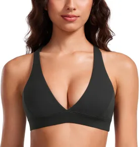 CRZ YOGA Butterluxe Deep V-Neck Sports Bras for Women - Spaghetti Strap Criss Cross Padded Top Low Coverage Wireless Yoga