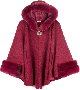 Dahlia Women's Winter Poncho Cape with Faux Fur Trim & Fleece Lined