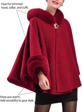 Dahlia Women's Winter Poncho Cape with Faux Fur Trim & Fleece Lined