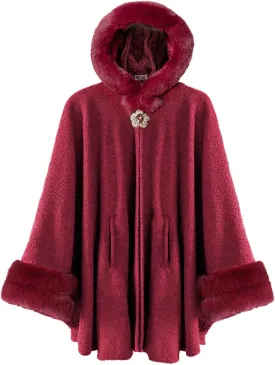 Dahlia Women's Winter Poncho Cape with Faux Fur Trim & Fleece Lined