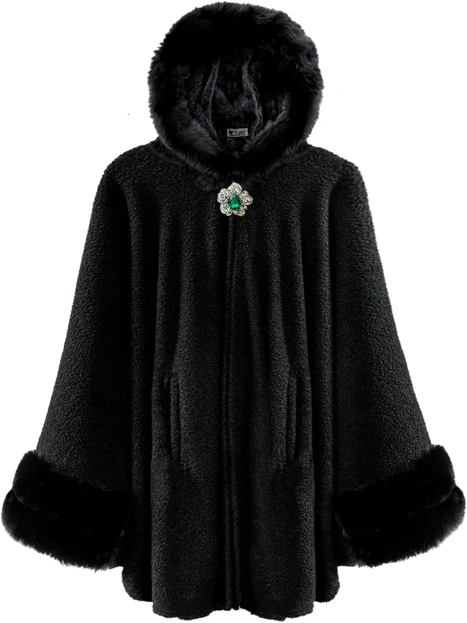 Dahlia Women's Winter Poncho Cape with Faux Fur Trim & Fleece Lined