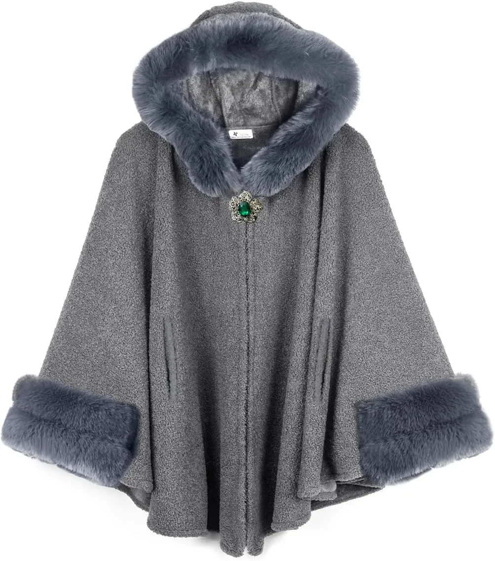 Dahlia Women's Winter Poncho Cape with Faux Fur Trim & Fleece Lined