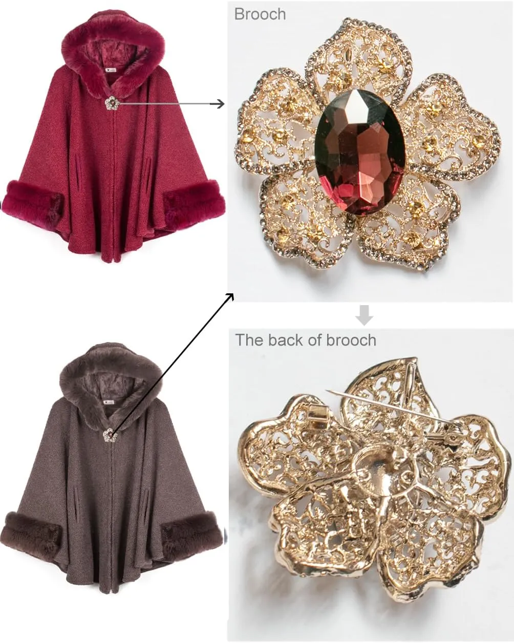 Dahlia Women's Winter Poncho Cape with Faux Fur Trim & Fleece Lined