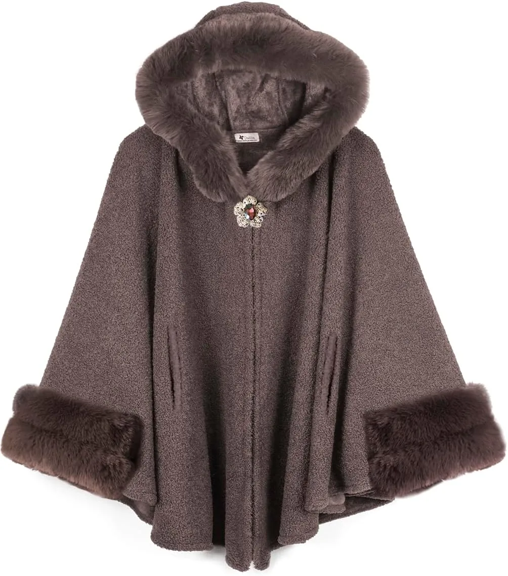 Dahlia Women's Winter Poncho Cape with Faux Fur Trim & Fleece Lined