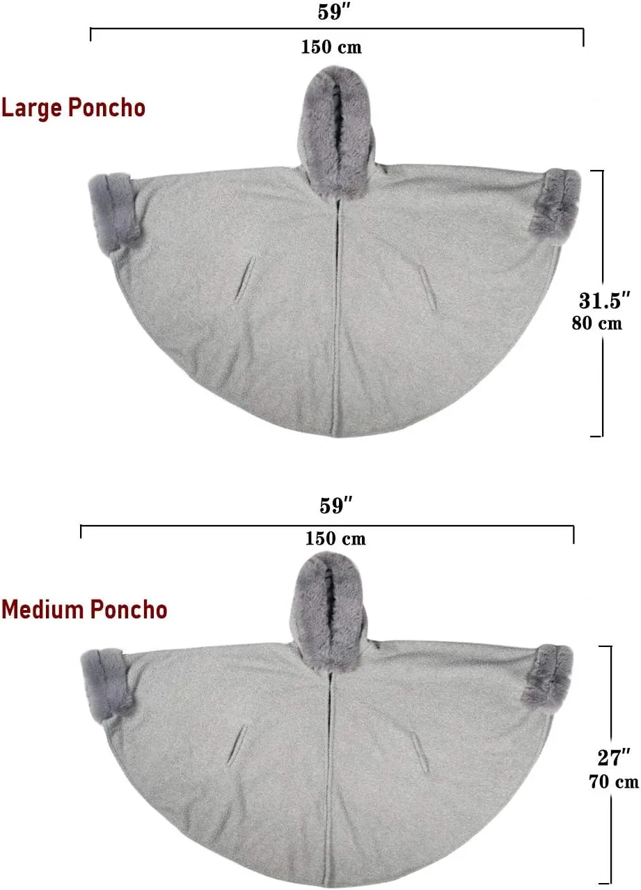 Dahlia Women's Winter Poncho Cape with Faux Fur Trim & Fleece Lined