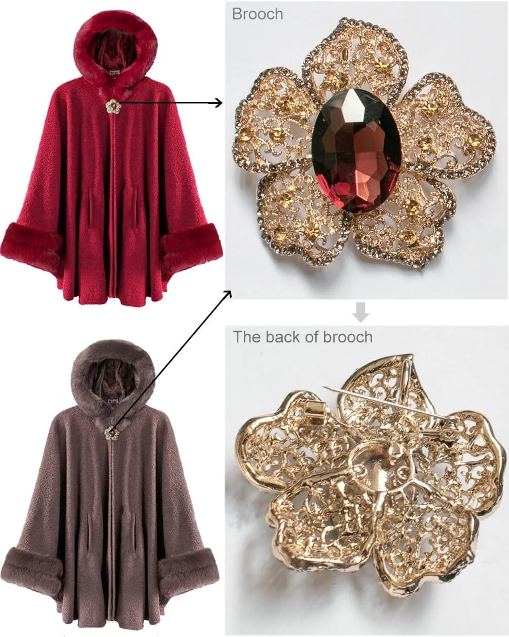 Dahlia Women's Winter Poncho Cape with Faux Fur Trim & Fleece Lined
