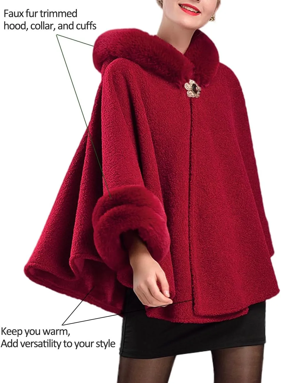 Dahlia Women's Winter Poncho Cape with Faux Fur Trim & Fleece Lined