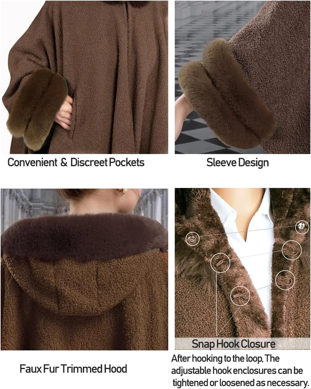 Dahlia Women's Winter Poncho Cape with Faux Fur Trim & Fleece Lined