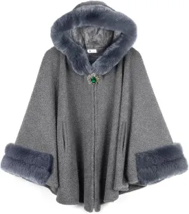 Dahlia Women's Winter Poncho Cape with Faux Fur Trim & Fleece Lined